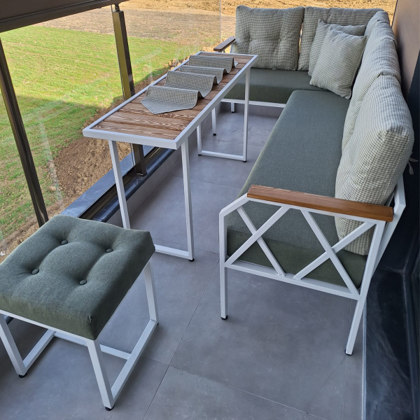 Beyaz Metal Yeşil Kumaş Balkon Köşe Koltuk Takımı - Görsel 2