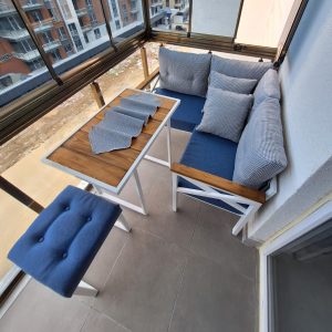 Beyaz Metal Mavi Bahçe Balkon Köşe Takımı