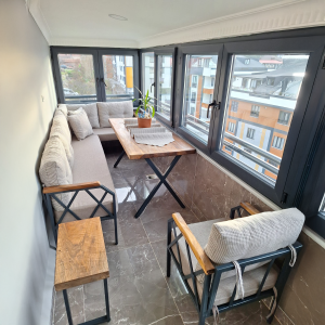 Ceviz Masa ve Ceviz Sehpalı Balkon Köşe Koltuk Takımı